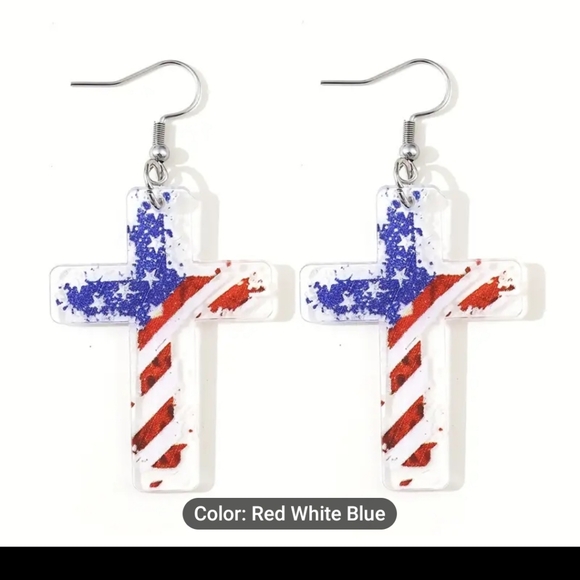 NWT patriotic flag cross acrylic earrings. - Picture 2 of 2